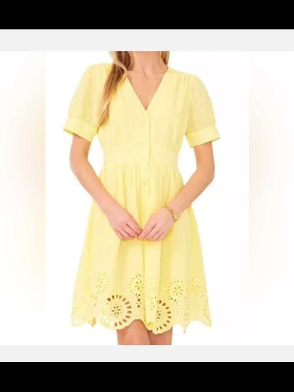 CeCe Yellow V-Neck Eyelet Hem Short Sleeve Midi Dress